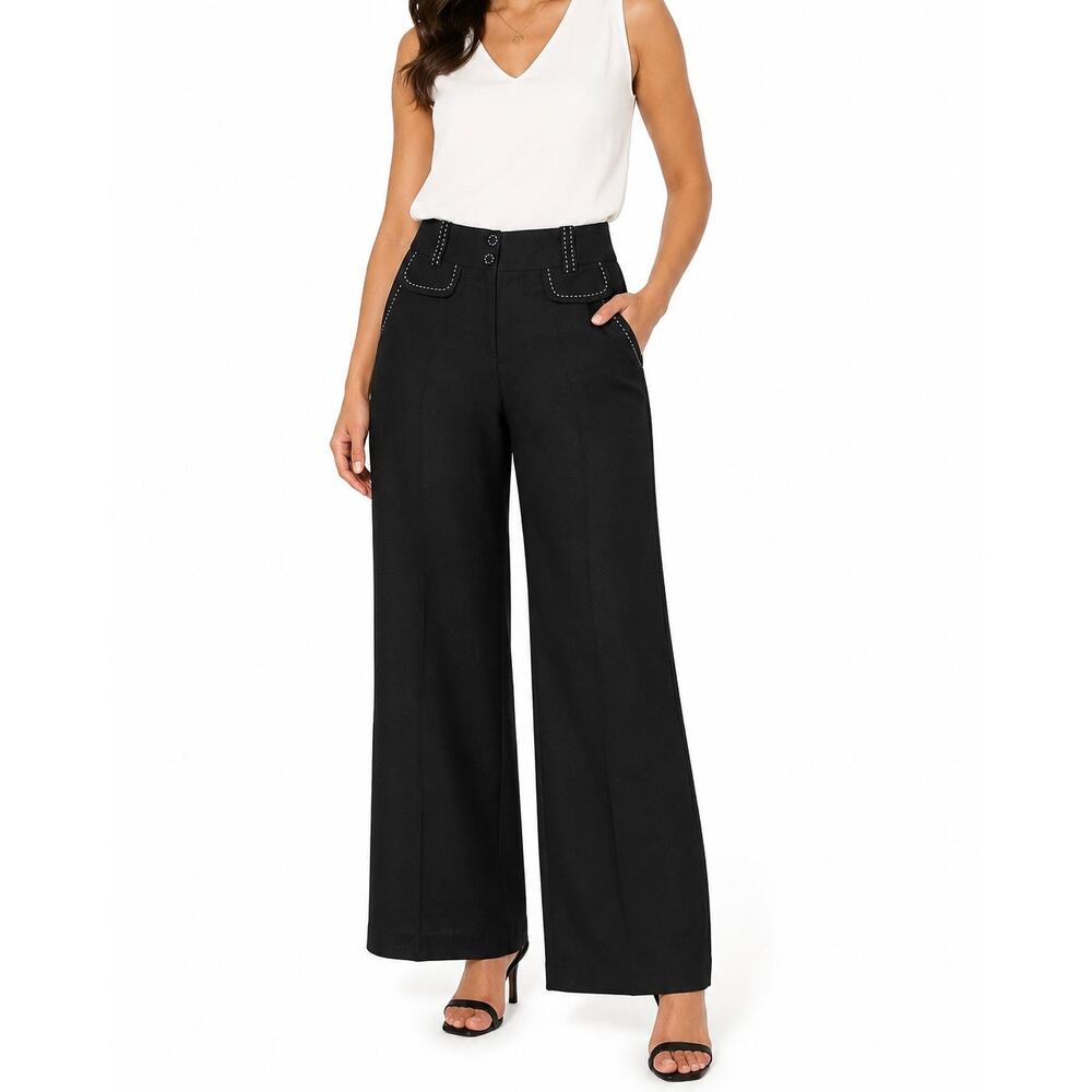 Larry Levine Black Linen Blend Wide Leg Pants White Contrast Stitching Size 6